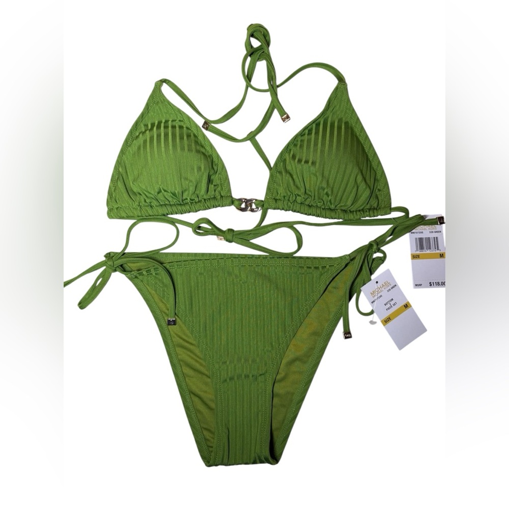 Michael Kors Olive Green Ribbed Triangle Bikini Set Medium - Picture 2 of 6